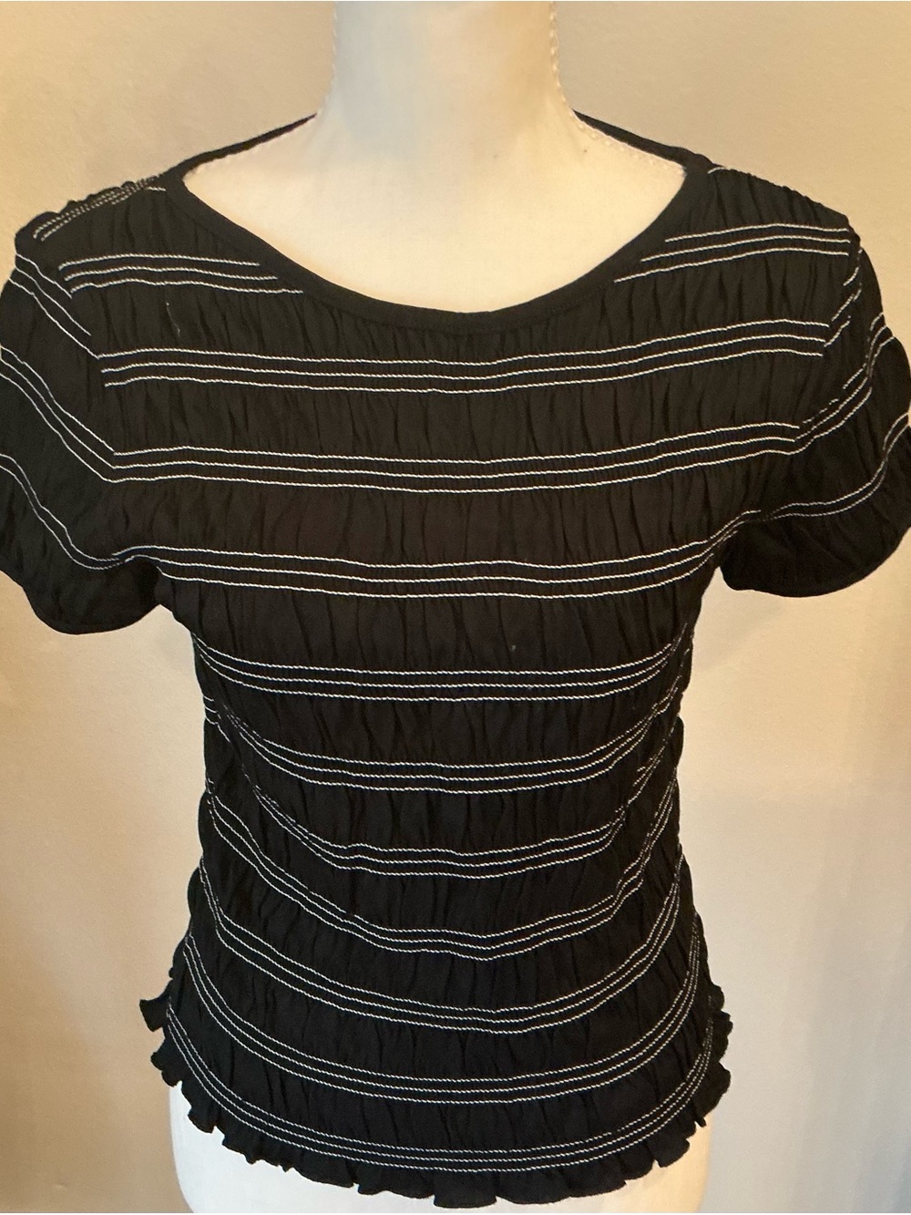 Madewell Black Short Sleeve Ruffle-Hem Tee with White Stripes